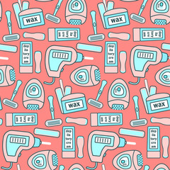 Cute peach color seamless pattern with pink and blue hair removal equipments. Girlish epilatory and depilatory texture for textile, wrapping paper, background, web design