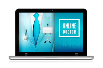 Online doctor consultation technology in laptop. Medical doctor in suit with stethoscope
