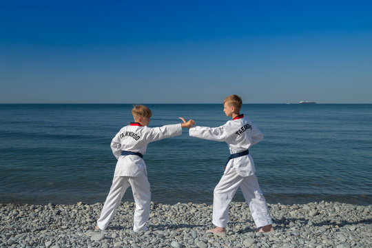 Обучение двух детей на пляже, на море: тхэквондо, спорт