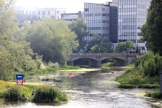 Spływ kajakowy rzeką Odrą w centrum Wrocławia.