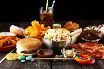 Unhealthy products. food bad for figure, skin, heart and teeth.