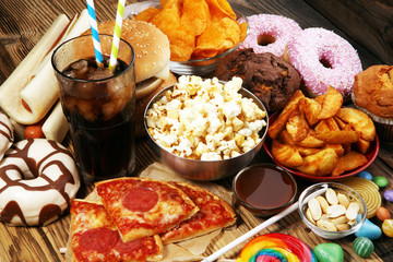 Unhealthy products. food bad for figure, skin, heart and teeth.