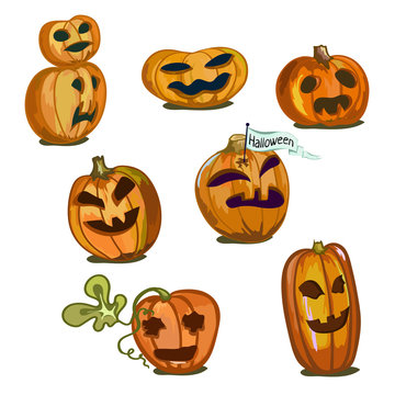 Pumpkins of different sizes and shapes for Halloween