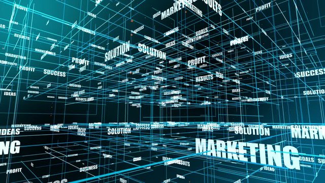 Business related words grid. Words changing randomly and camera zooming in the grid. Abstract business and finance motion background. 3D rendering.