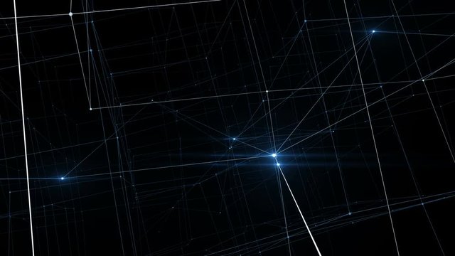 Beautiful Moving Glowing Signals Inside Growing Network. Abstract Net of Lines and Dots with Flying Flares Blue Color. Looped 3d Animation Business and Technology Concept. 4K Ultra HD 3840x2160.