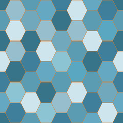 Seamless tiled pattern. Blue hexagons with orange strokes.