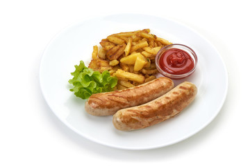 White bavarian grilled sausage with french fries and tomato sauce, isolated on white background.