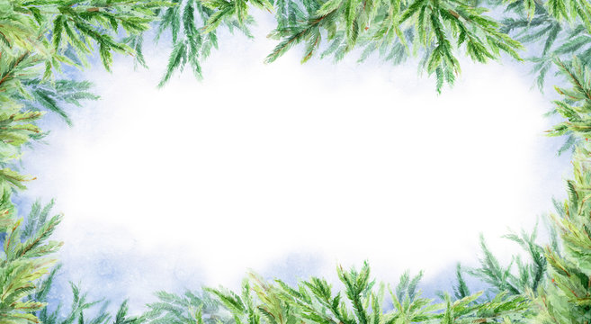 Watercolor abstract winter horizontal background. Branches of fir. Winter landscape.