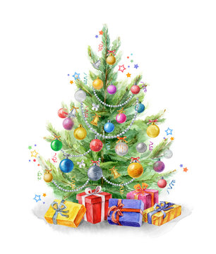 Watercolor illustration: Christmas tree decorated with balls. Gifts under the Christmas tree. Template for the design
