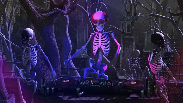 Seamless animation of a skeleton dijing with turntables in a cemetery at night. Funny halloween background.	