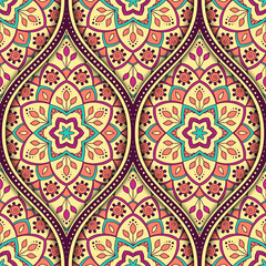 Seamless pattern with ethnic mandala ornament. Hand drawn vector illustration