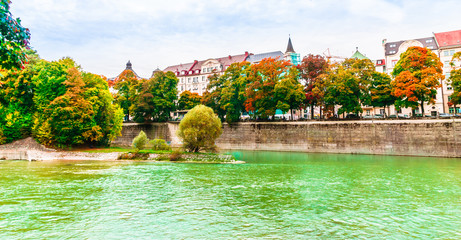 Colorful autumn landscape of Isar river in Lehel Munich, Bavaria - Germany