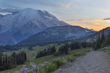 A path with Crystal mountain in the background