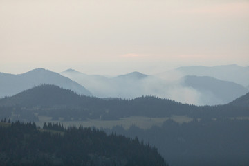 Naklejka na ściany i meble Mountains with trees, clouds and haze
