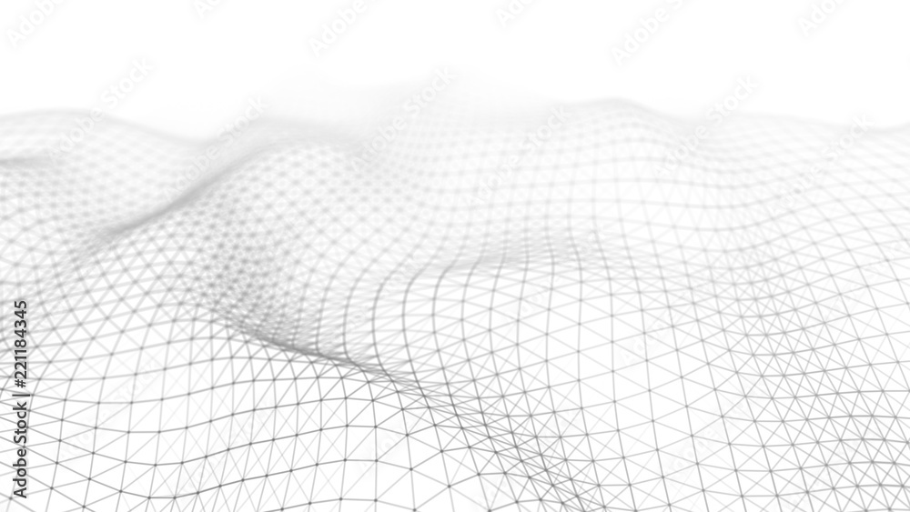 Poster Wave white background. Abstract white futuristic background. Wave with connecting dots and lines on dark background. Wave of particles. 3D rendering.