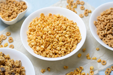 Puffed Rice and Bowls of Different Kinds of Cereals, Quick Breakfast