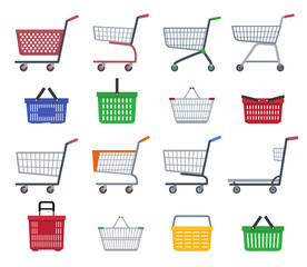 Set of shopping trolleys and shopping baskets. Isolated on white background. Flat vector illustration.
