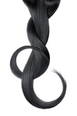 Black hair isolated on white background. Long beautiful ponytail in shape of circles