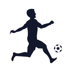 Fototapeta na wymiar running footballer with ball black silhouette, isolated
