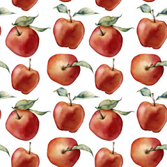Watercolor apples pattern. Hand painted red apples with leaves isolated on white background. Botanical food illustration for design, print or background