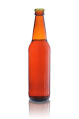 bottle of dark glass filled with beer, sealed metal lid, isolated on white background