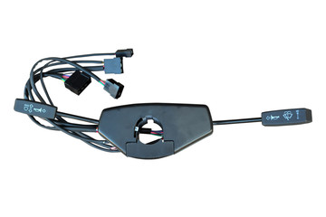 Steering wheel turn signal switch on isolated white background. Spare part of the car.