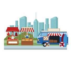 Food booth and shops at city scenery cartoons vector illustration graphic design