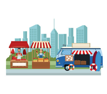 Food booth and shops at city scenery cartoons vector illustration graphic design