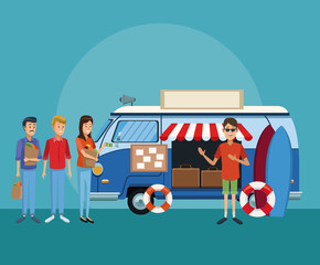 Retro van shop with customers cartoons vector illustration graphic design