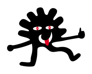 Cartoon funny black little man with a red tongue, laughs and shows the sign Ok. Vector picture.