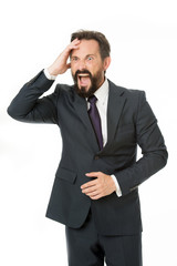 Aggression causes pain. Frustrated business man hold hand on head while stand against white background. Businessman feel pain headache stressful day. Stressful business life. Aggressive mad man shout