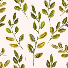Seamless Realistic Watercolor Greenery Pattern. Hand Drawn Eucalyptus Leaves and Branches Print. Summer, Spring Forest Herbs, Plants Texture. Foliage in Vintage Style. Nature Eco Friendly Concept.