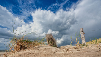 Impressive white and gray storm clouds over dune landscape along the Dutch coast