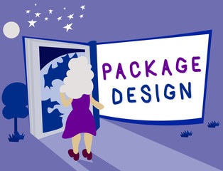 Text sign showing Package Design. Conceptual photo Strategy in creating unique product wrapping or container.