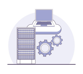 Data center set of icons and technology elements in purple and white colors vector illustration graphic design