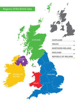 Color detailed map of the regions and countries of the British Isles