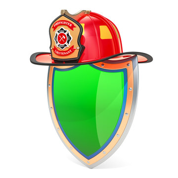 Shield with Firefighter Helmet, safety and protect concept. 3D rendering