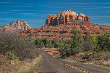 Road leading to Cathedral Rock and other towering formations in Sedona Arizona Red Rock Country.
