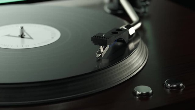 Turntable playing a vinyl record with tonearm and stylus