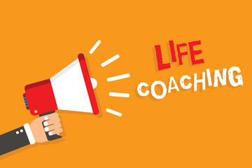 Conceptual hand writing showing Life Coaching. Business photo showcasing Improve Lives by Challenges Encourages us in our Careers Man holding megaphone orange background message speaking