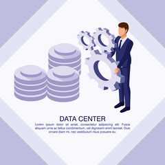 Data center poster with information and businessmen purple and white colors vector illustration graphic design