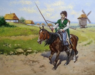 Cossack. Oil paintings landscape. Ukraine, old village. Fine art. © yaroslavartist