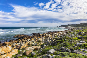Fototapeta na wymiar Picturesque view of the rocky shoreline of Atlantic Ocean and Platboom Beach. Platboom Bay is a beautiful beach along coastline nestled in Cape of Good Hope Nature reserve, Cape Town, South Africa.