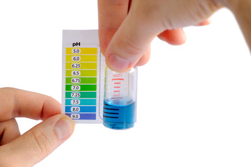 Testing water pH at home. Man determining water pH by comparing the color of liquid in testing vial...
