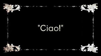 A re-created film frame from the silent movies era, showing the intertitle greeting word Ciao (Italian).   © Grenar