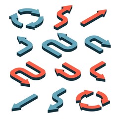 Set of Isometric 3d arrows in different directions with bends and curves.