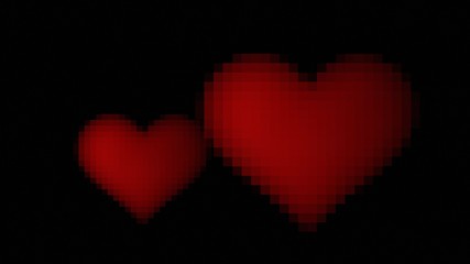 Two heart symbols, big and small, made of red digital pixels, beating in the darkness.
