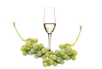 Green grape with white wine isolated on white background