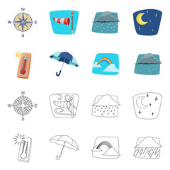 Vector illustration of weather and climate sign. Set of weather and cloud stock symbol for web.