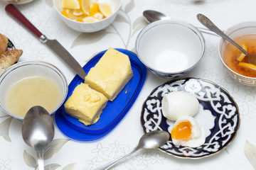 in the morning, breakfast on the table